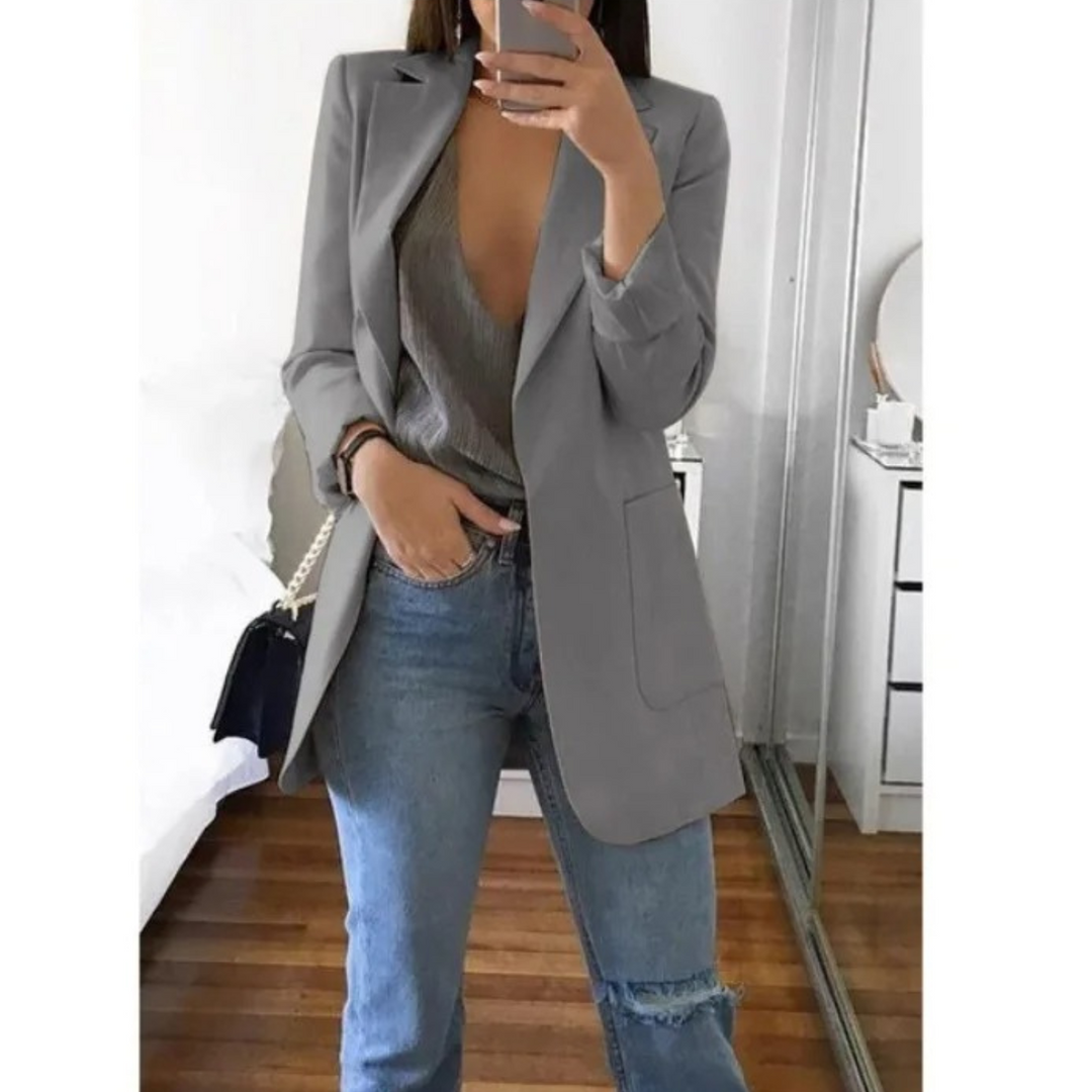 Modny Długi Żakiet Damski - Valentina-Szary-S-Trend Polska