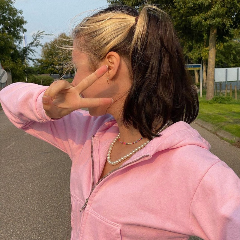 Modny, dopasowany damski cropped zip-up hoodie z kapturem – Alina-Różowy-S-Trend Polska