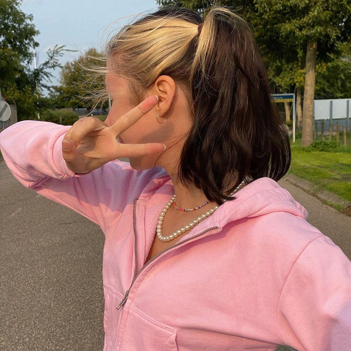 Modny, dopasowany damski cropped zip-up hoodie z kapturem – Alina-Różowy-S-Trend Polska
