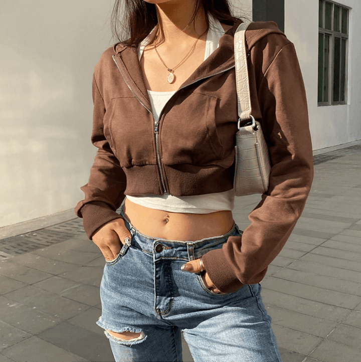 Modny, dopasowany damski cropped zip-up hoodie z kapturem – Alina-Brązowy-S-Trend Polska