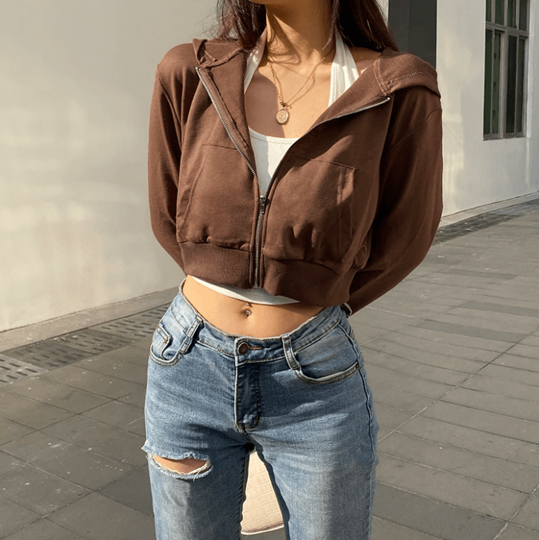 Modny, dopasowany damski cropped zip-up hoodie z kapturem – Alina-Brązowy-S-Trend Polska