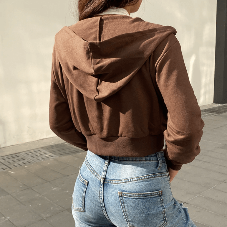Modny, dopasowany damski cropped zip-up hoodie z kapturem – Alina-Brązowy-S-Trend Polska
