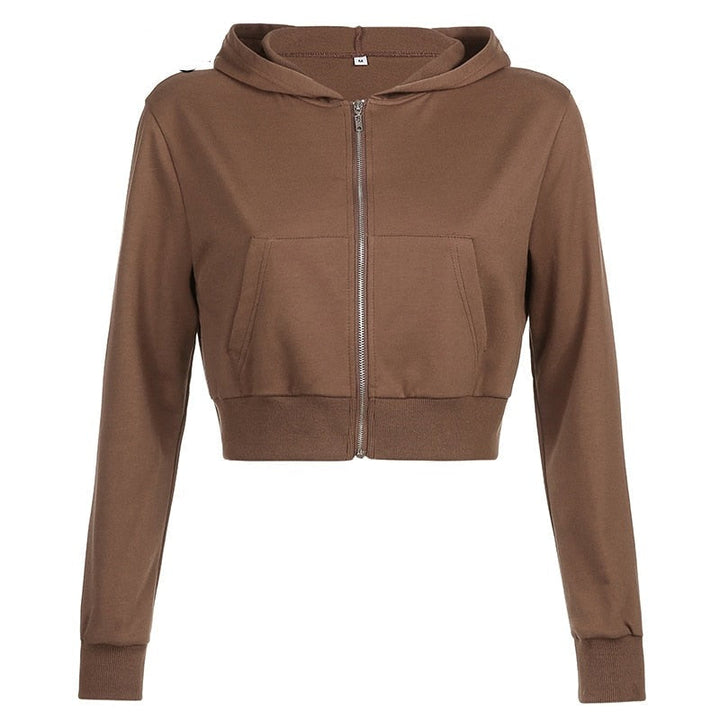 Modny, dopasowany damski cropped zip-up hoodie z kapturem – Alina-Brązowy-S-Trend Polska