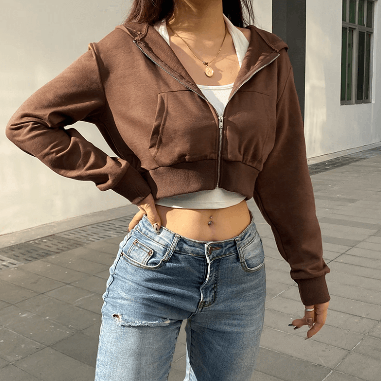 Modny, dopasowany damski cropped zip-up hoodie z kapturem – Alina-Brązowy-S-Trend Polska