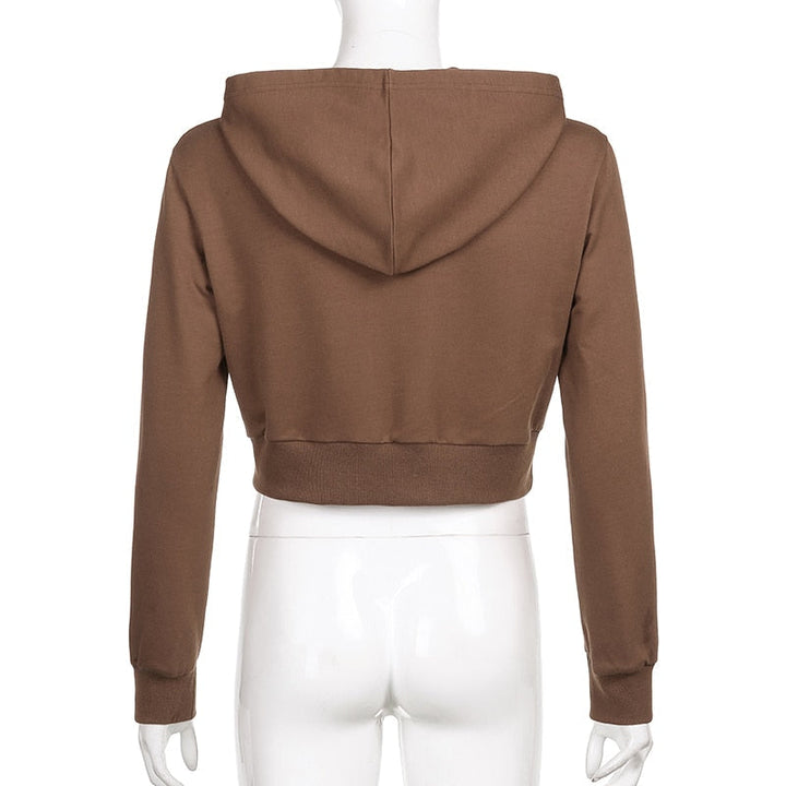 Modny, dopasowany damski cropped zip-up hoodie z kapturem – Alina-Brązowy-S-Trend Polska