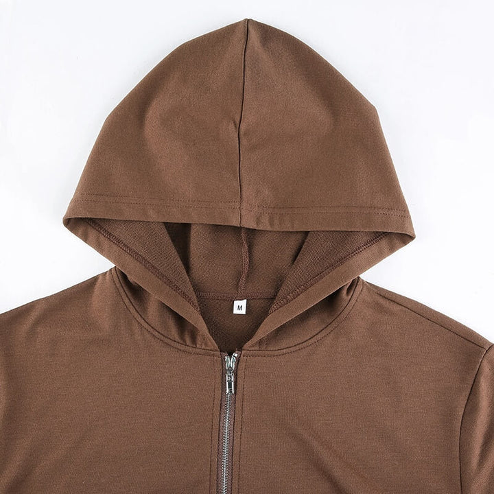 Modny, dopasowany damski cropped zip-up hoodie z kapturem – Alina-Brązowy-S-Trend Polska