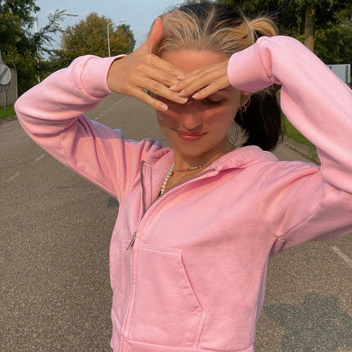 Modny, dopasowany damski cropped zip-up hoodie z kapturem – Alina-Brązowy-S-Trend Polska