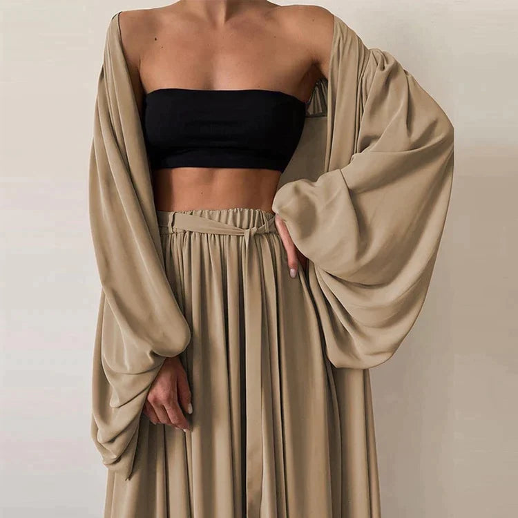 Modny dwuczęściowy zestaw damski na lato z topem i spodniami – Noelle-Khaki-S-Trend Polska