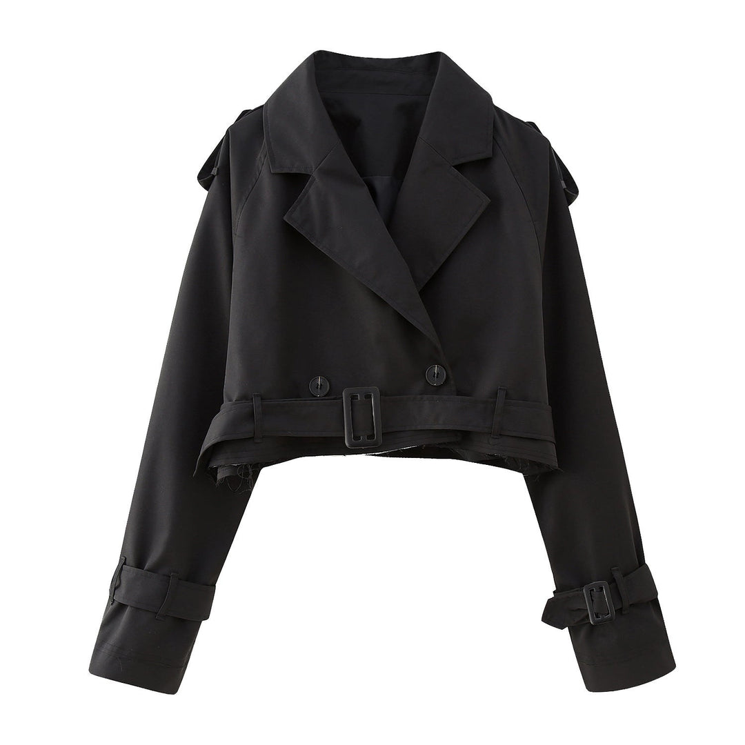 Modny krótki płaszcz damski typu trench z paskiem – Amelie-Czarny-XS-Trend Polska