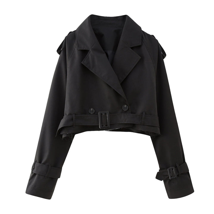 Modny krótki płaszcz damski typu trench z paskiem – Amelie-Czarny-XS-Trend Polska