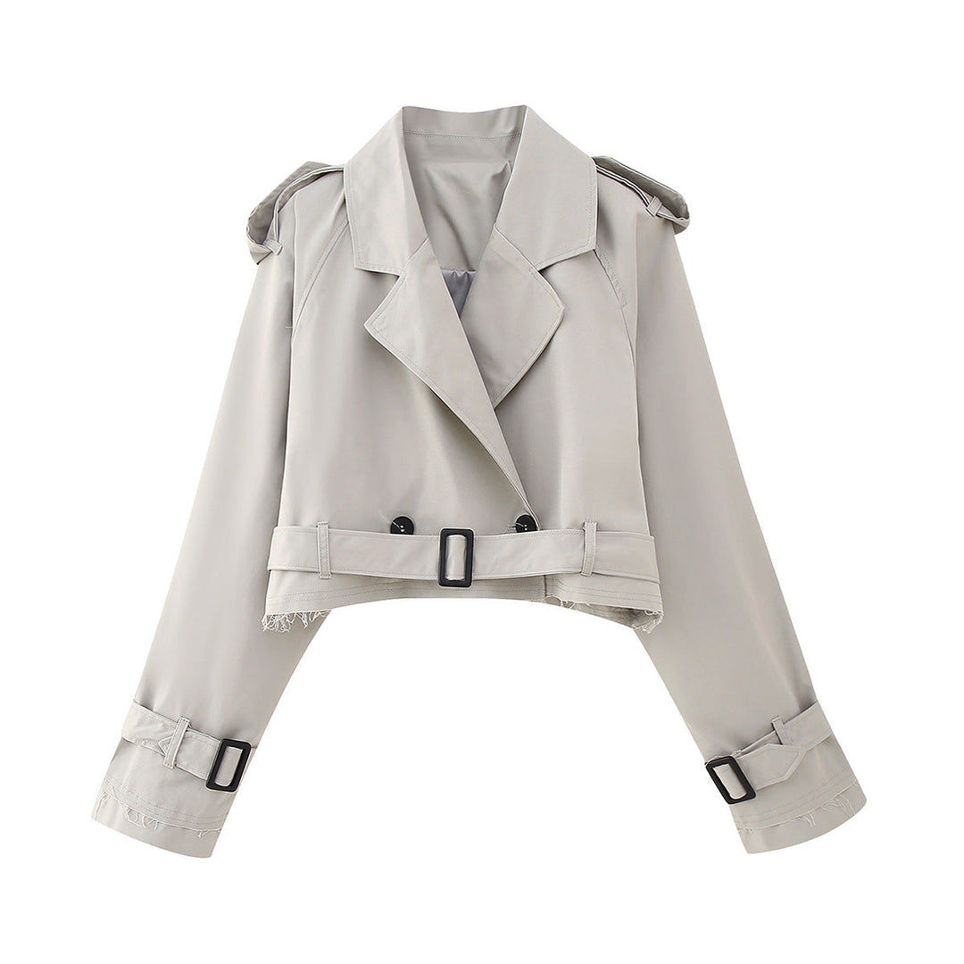Modny krótki płaszcz damski typu trench z paskiem – Amelie-Szary-XS-Trend Polska