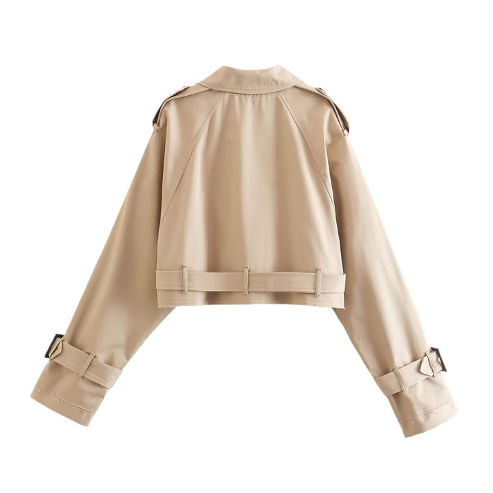 Modny krótki płaszcz damski typu trench z paskiem – Amelie-Beżowy-XS-Trend Polska