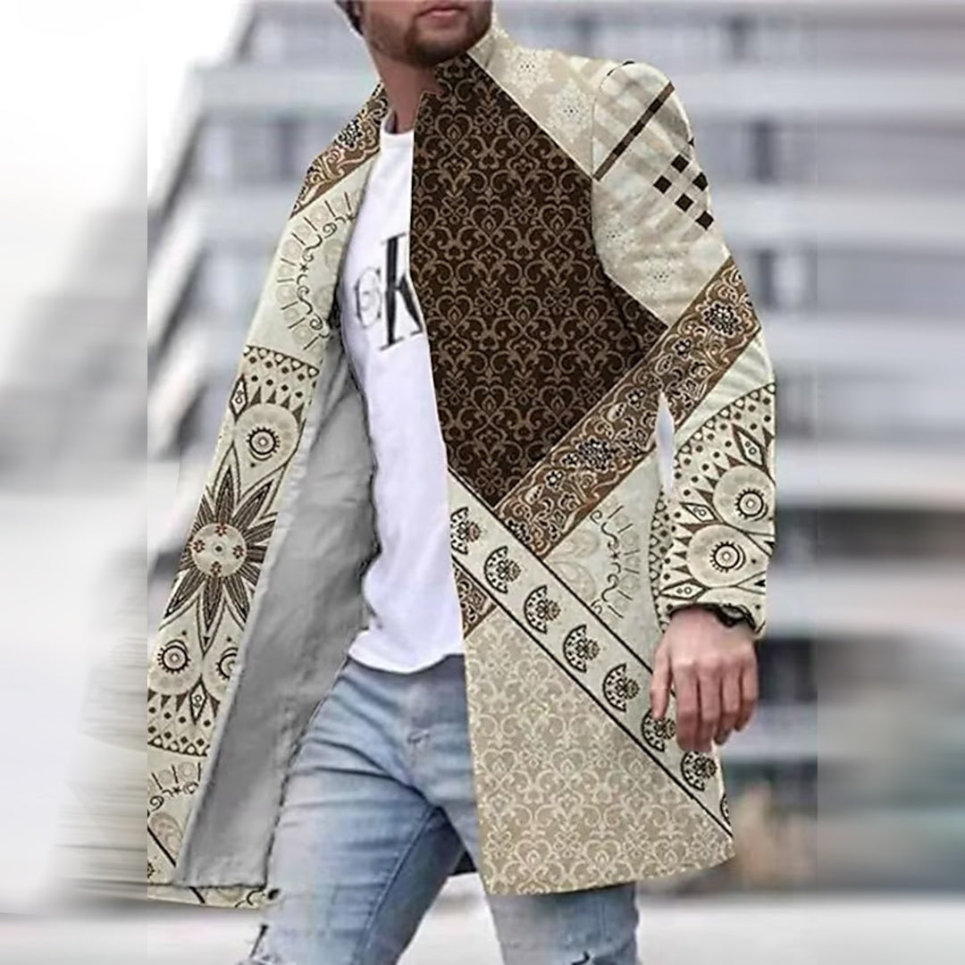 Modny płaszcz męski z unikalnym wzorem - Laurent-Brązowy-S-Trend Polska