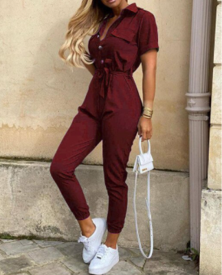 Modny retro kombinezon z guzikiem – Velia-Bordowy-S-Trend Polska