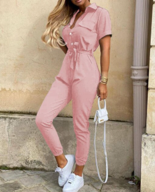Modny retro kombinezon z guzikiem – Velia-Różowy-S-Trend Polska