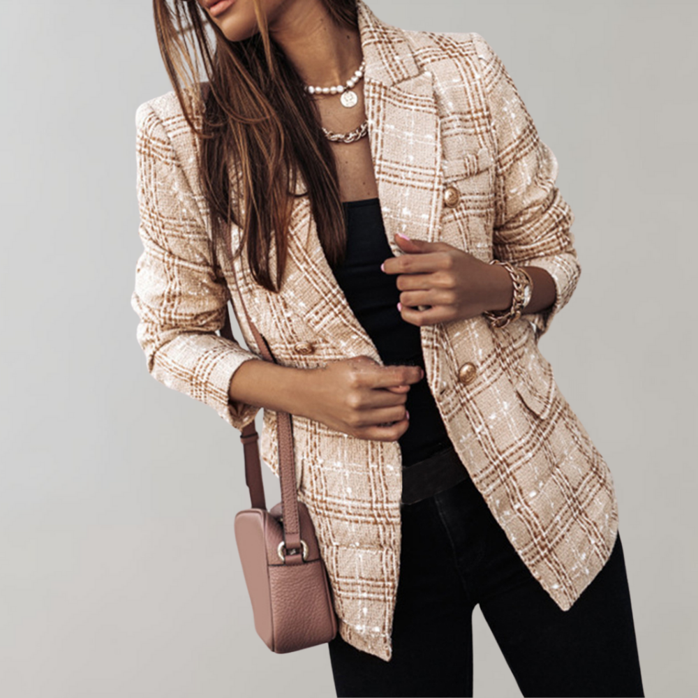 Modny żakiet w kratę dla kobiet - Isabelle-Khaki-S-Trend Polska
