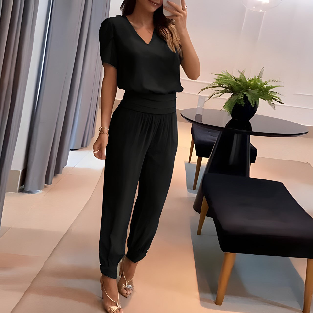 Modny zestaw bluzek z spodniami - łączy komfort i styl - Fabienne-Czarny-S-Trend Polska