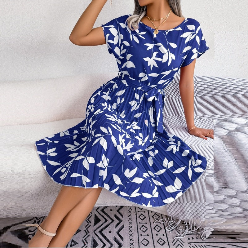 Niebieska drukowana sukienka midi – Naomi-XS-Trend Polska