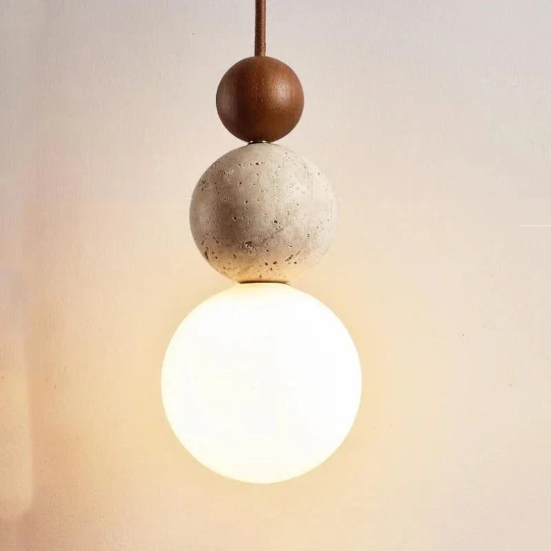 Nowoczesna lampa wisząca z trawertynu i mahoń - NaturaLuxe-creme-biała-orzech-włoski-Trend Polska