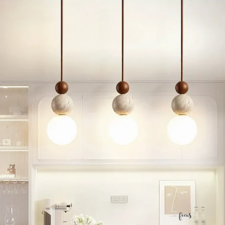 Nowoczesna lampa wisząca z trawertynu i mahoń - NaturaLuxe-creme-biała-orzech-włoski-Trend Polska