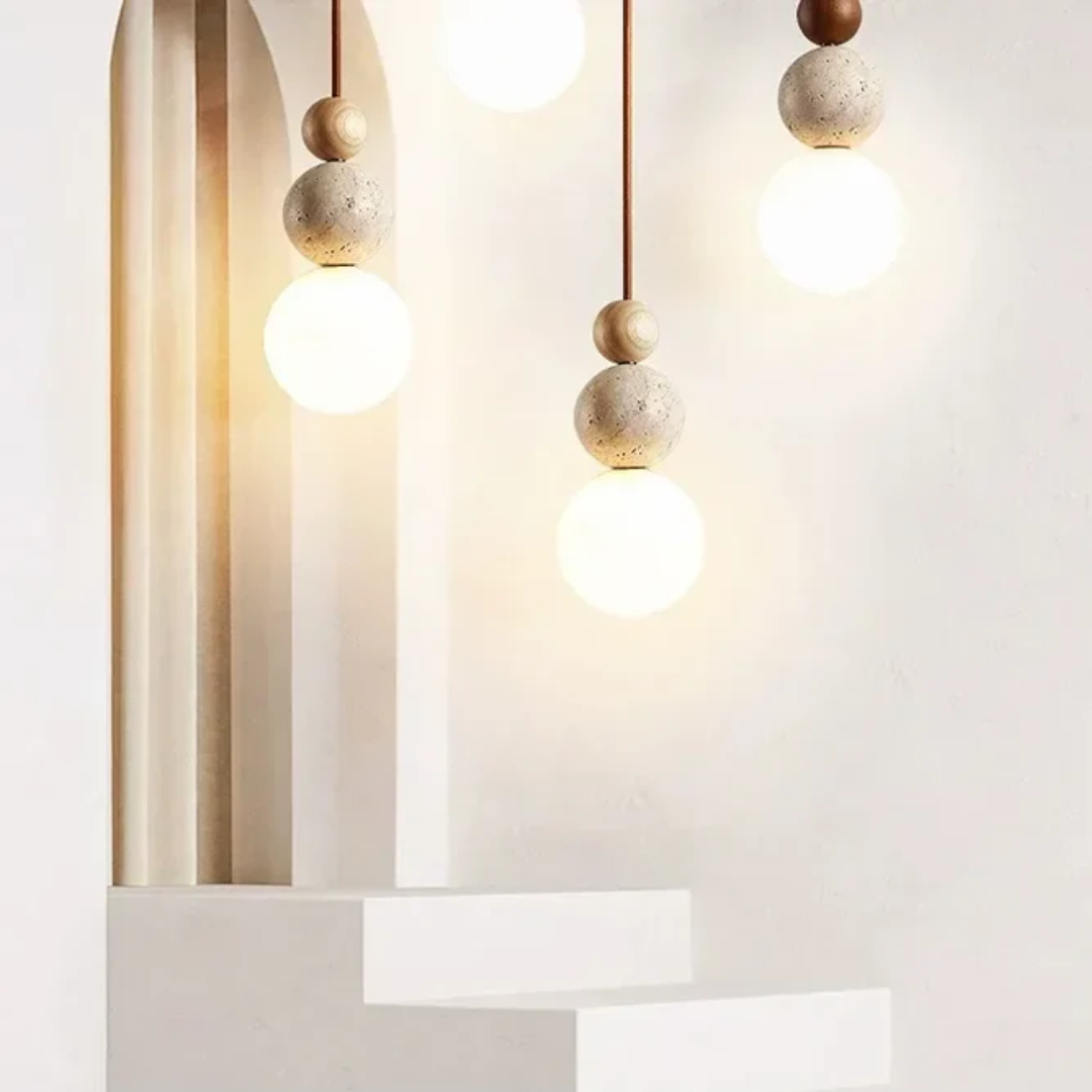 Nowoczesna lampa wisząca z trawertynu i mahoń - NaturaLuxe-creme-biała-orzech-włoski-Trend Polska
