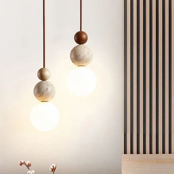 Nowoczesna lampa wisząca z trawertynu i mahoń - NaturaLuxe-creme-biała-orzech-włoski-Trend Polska