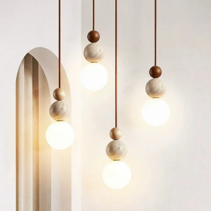 Nowoczesna lampa wisząca z trawertynu i mahoń - NaturaLuxe-creme-biała-orzech-włoski-Trend Polska