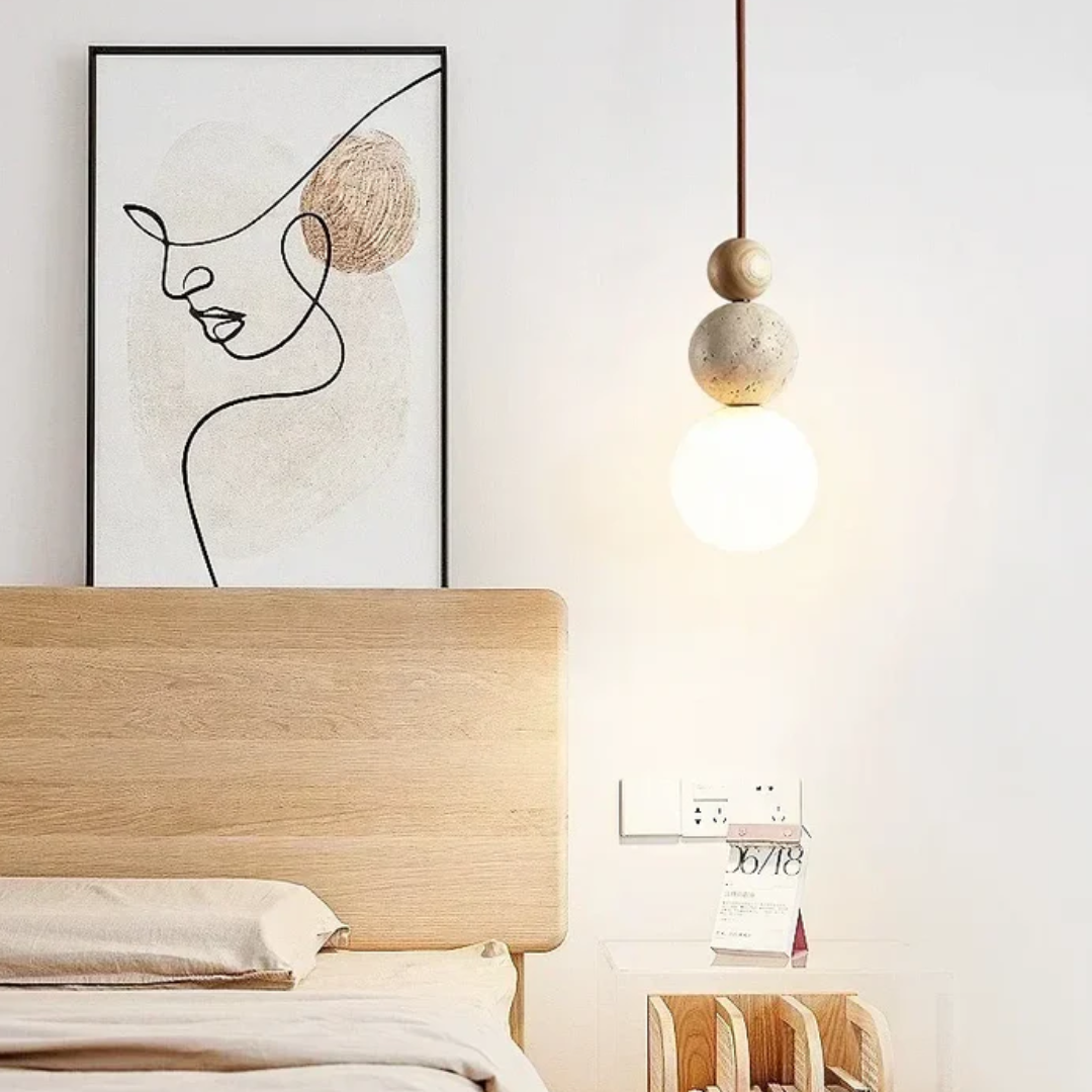 Nowoczesna lampa wisząca z trawertynu i mahoń - NaturaLuxe-creme-biała-orzech-włoski-Trend Polska