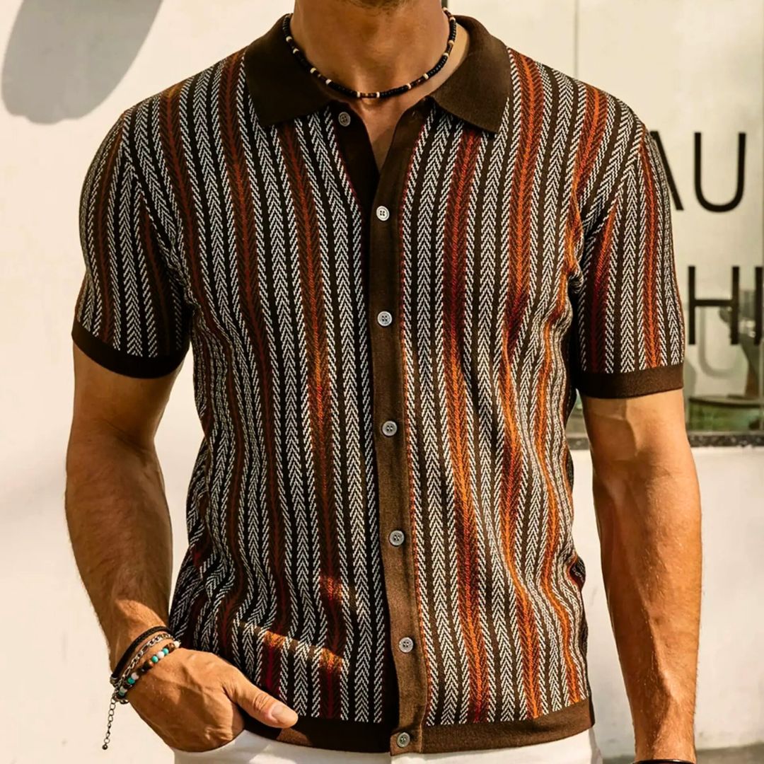 Oddychająca męska koszulka polo w wzór chevron z guzikami – Julian-Granatowy-S-Trend Polska