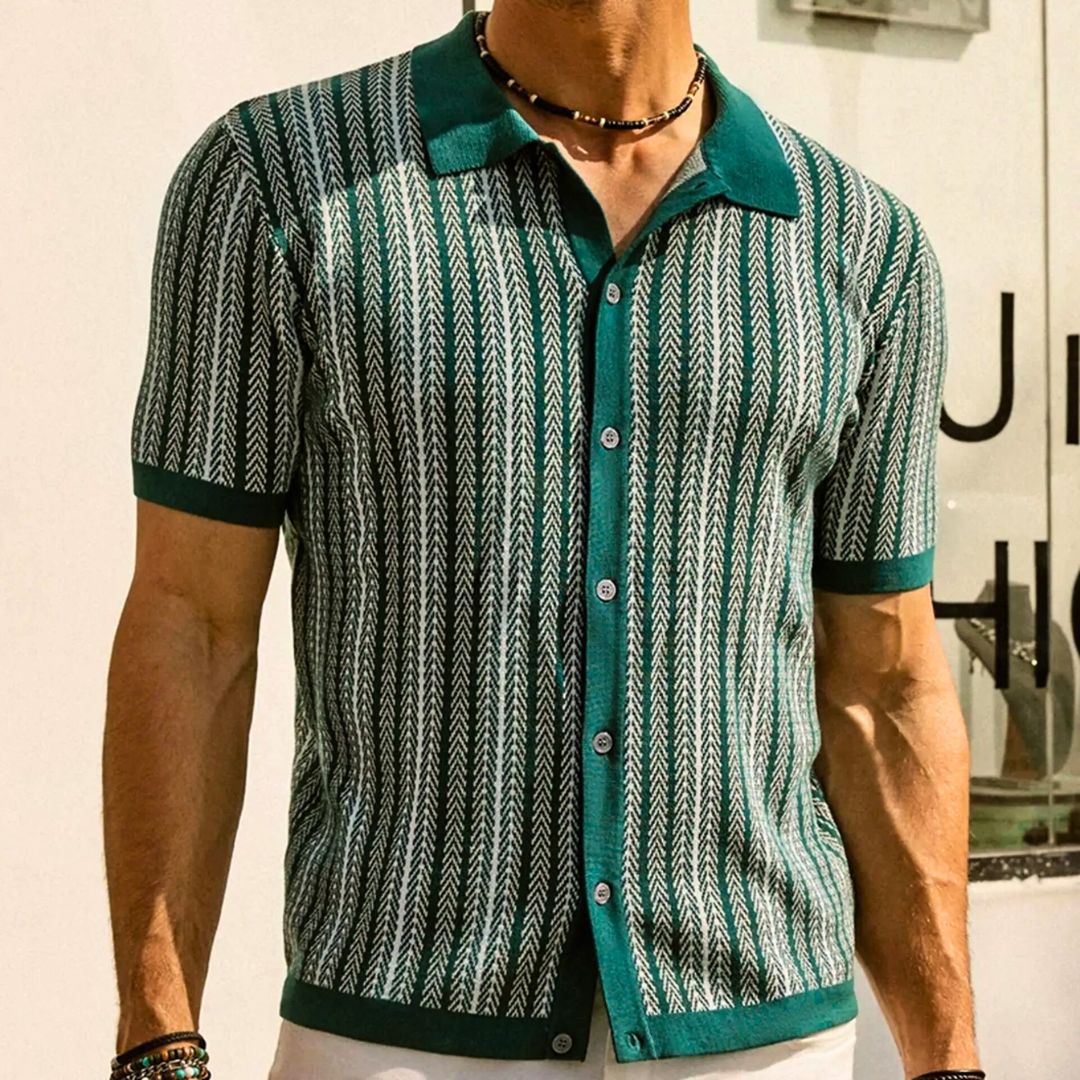 Oddychająca męska koszulka polo w wzór chevron z guzikami – Julian-Granatowy-S-Trend Polska