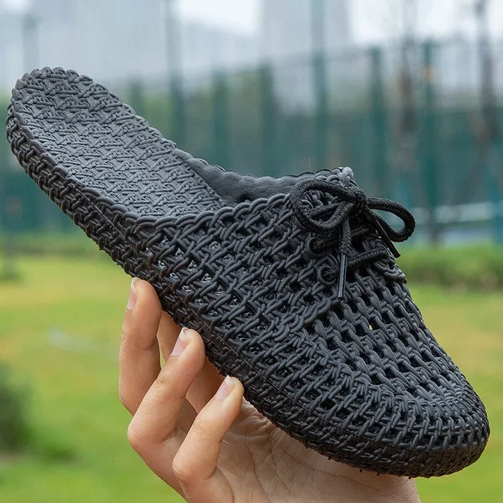 Oddychające damskie loafersy na zewnątrz z otwartą częścią palcową – Linaya-Czarny-35-Trend Polska