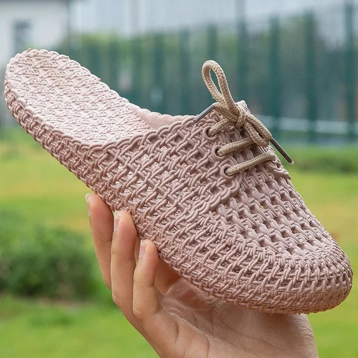 Oddychające damskie loafersy na zewnątrz z otwartą częścią palcową – Linaya-Khaki-35-Trend Polska