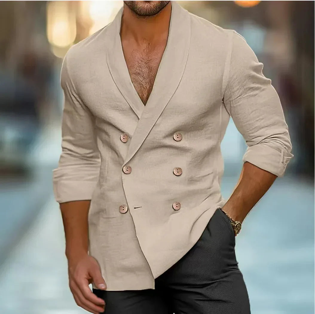 Oddychowy i stylowy podwójnie zapinany koszula lniana dla mężczyzn – Mateo-Khaki-S-Trend Polska