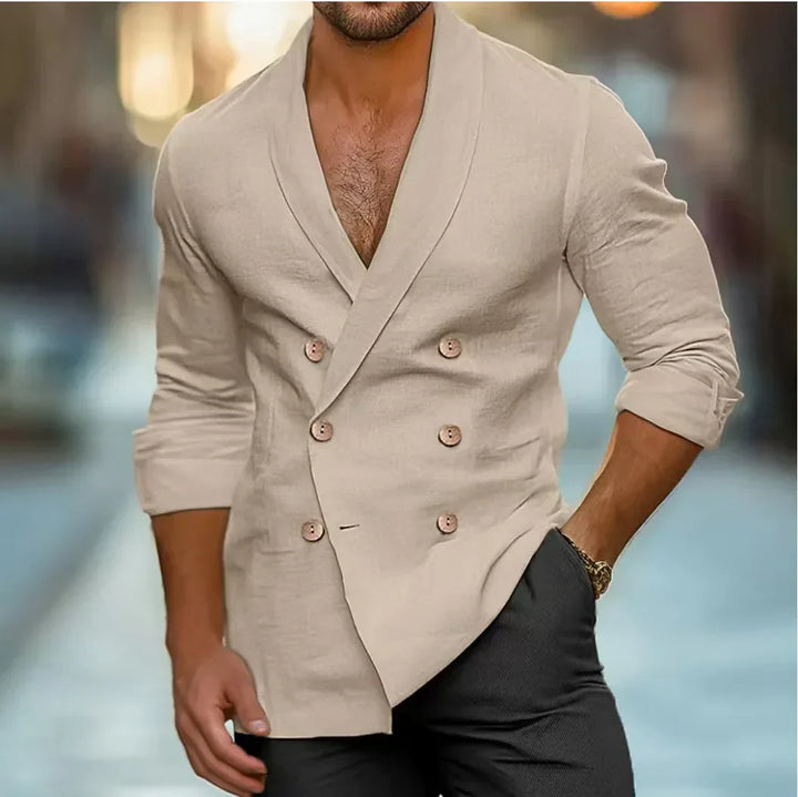 Oddychowy i stylowy podwójnie zapinany koszula lniana dla mężczyzn – Mateo-Khaki-S-Trend Polska