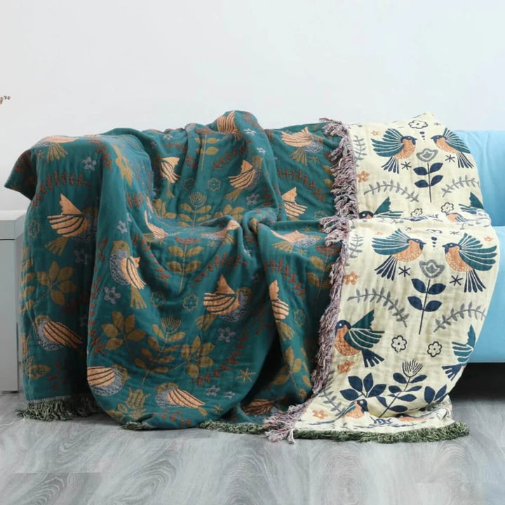Odwracalny skandynawski koc ptasi - NordicNest-Turquoise-beige-Full (150x200cm)-Trend Polska