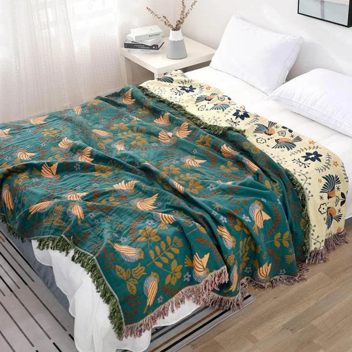 Odwracalny skandynawski koc ptasi - NordicNest-Turquoise-beige-Full (150x200cm)-Trend Polska