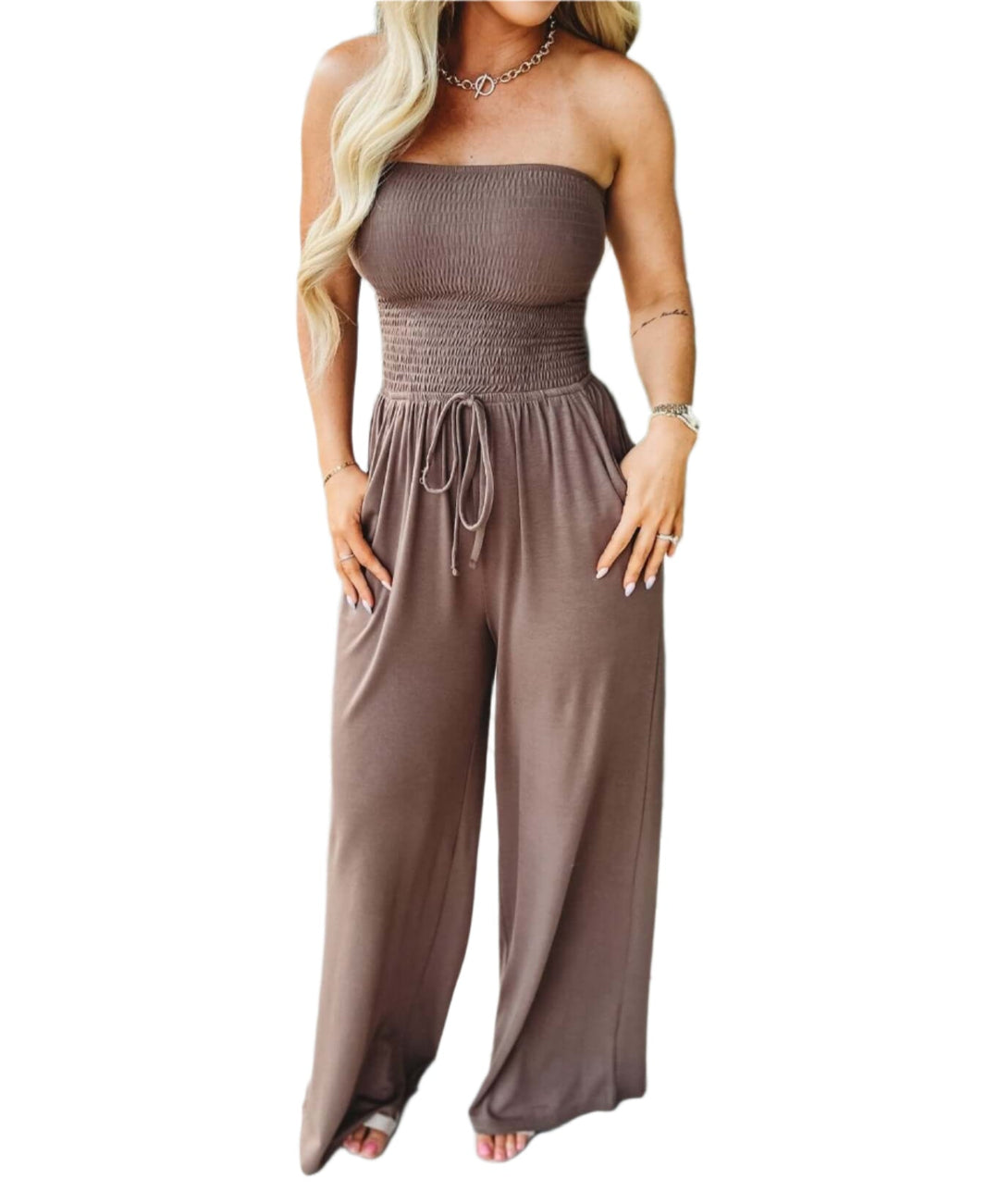 Off-Shoulder Letni Kombinezon z Szerokimi Nogawkami – Camila-Brązowy-S-Trend Polska