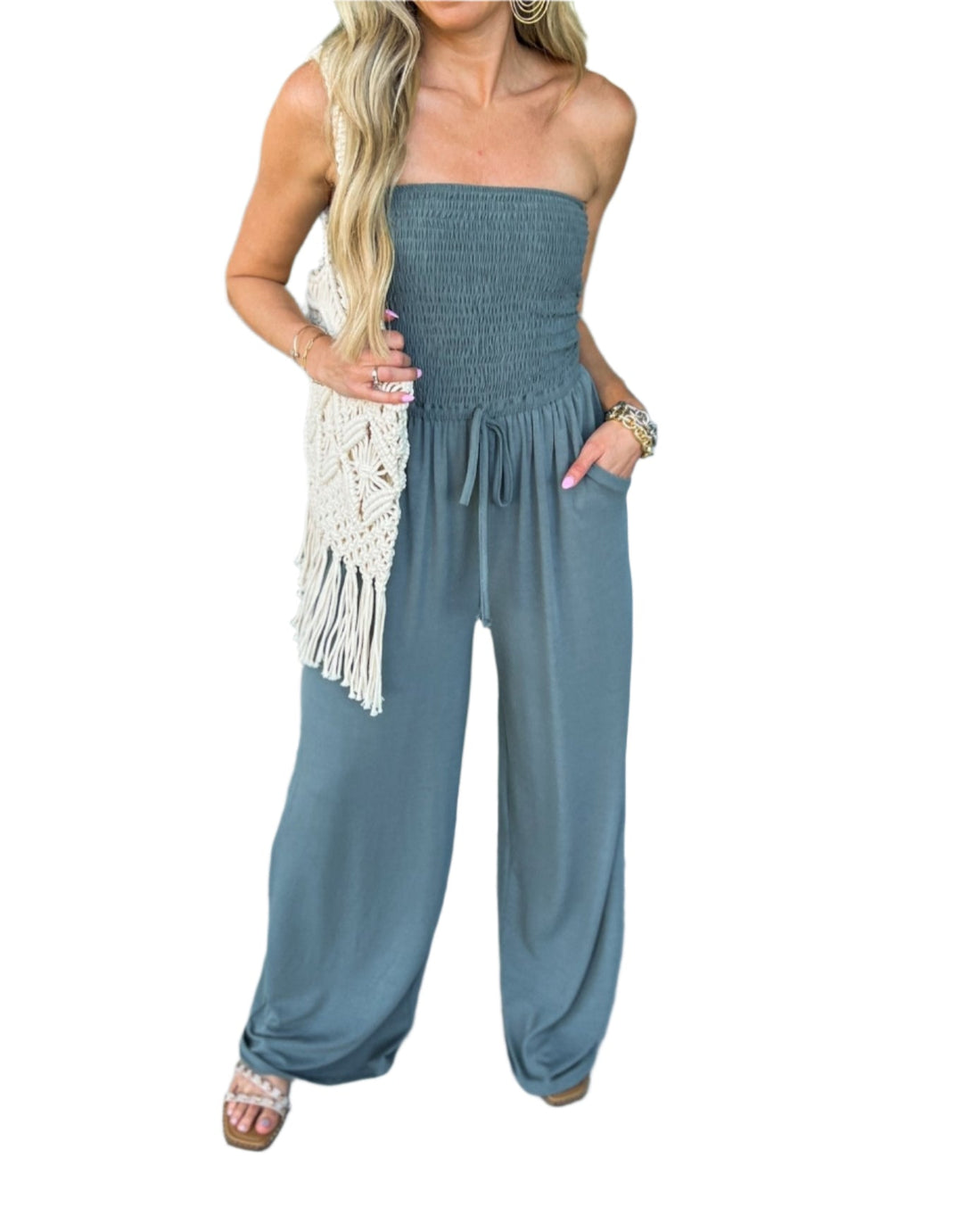 Off-Shoulder Letni Kombinezon z Szerokimi Nogawkami – Camila-Turkusowy-S-Trend Polska