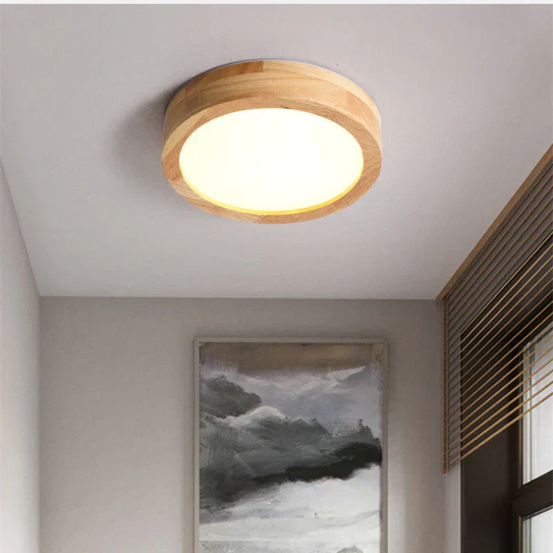 Okrągła Drewniana Skandynawska Lampa Sufitowa - NordicLuxe-Typ A-3 Kolory Światła-Średnica 20 cm-Trend Polska