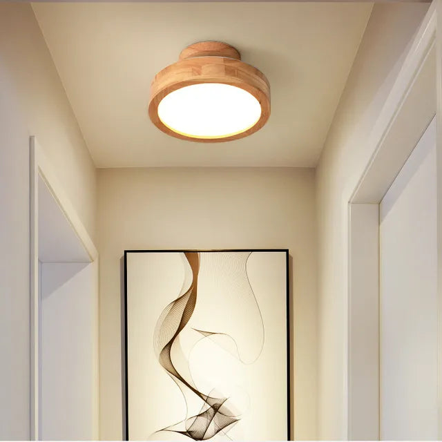 Okrągła Drewniana Skandynawska Lampa Sufitowa - NordicLuxe-Typ A-3 Kolory Światła-Średnica 20 cm-Trend Polska