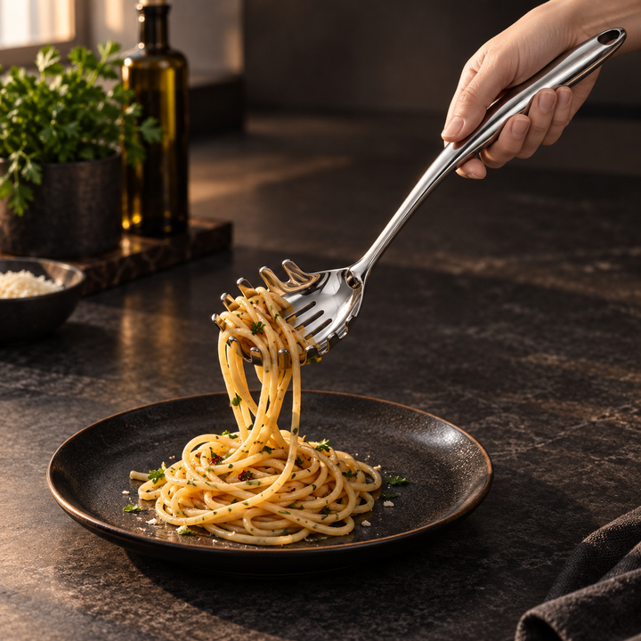Dłoń unosi łyżką do makaronu zwoje spaghetti z natką pietruszki nad czarnym talerzem. 11