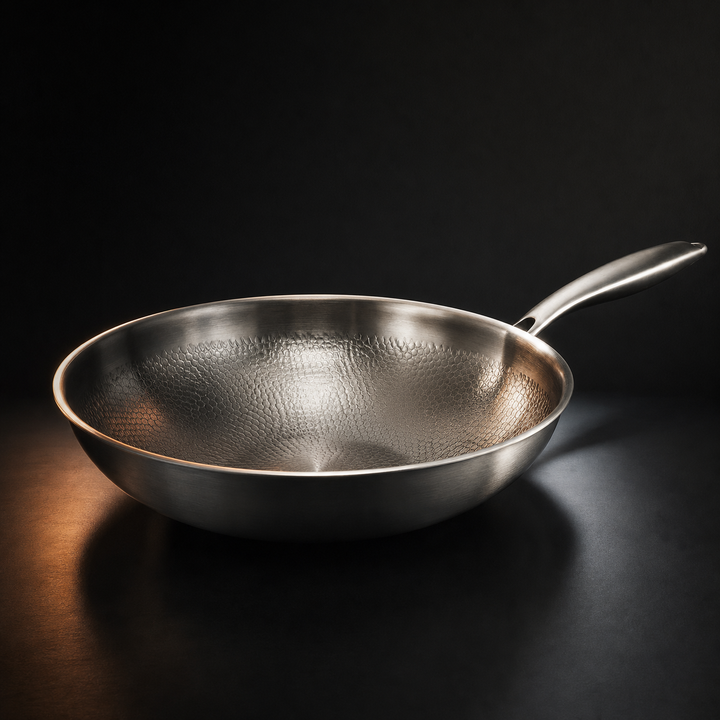 Pusty wok z metalu o młotkowanym, łuskowatym wzorze wewnątrz i długim uchwytem, widoczny z boku na ciemnym tle. 1