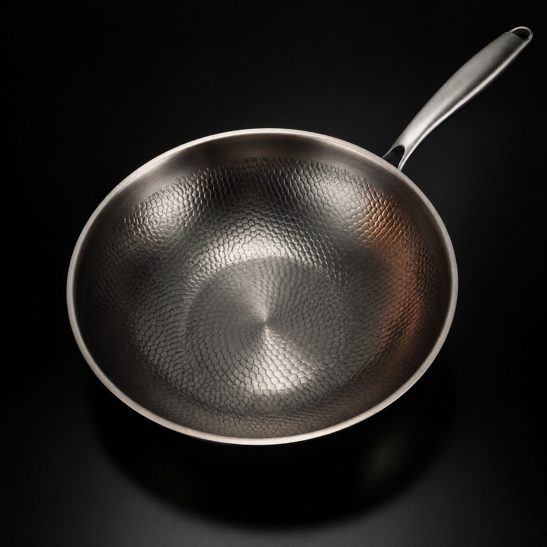 Wok widziany z góry, z bliska pokazuje młotkowaną fakturę wnętrza i płaskie dno oraz długi metalowy uchwyt. 2