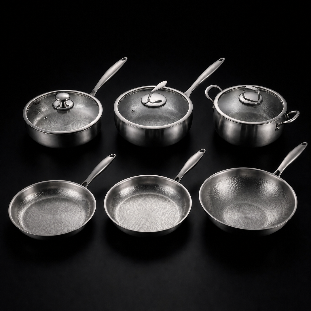 Hand-Hammered Titanium Kitchen Set with 3 Lids (10, 11 & 12 Inch) 1