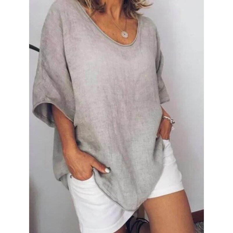 Oversized lniany T-Shirt dla kobiet – Elin-Jasnoszary-S-Trend Polska
