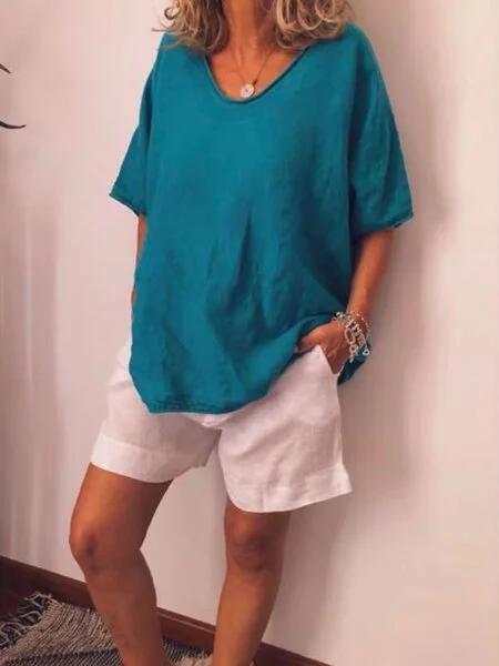 Oversized lniany T-Shirt dla kobiet – Elin-Niebieski-S-Trend Polska