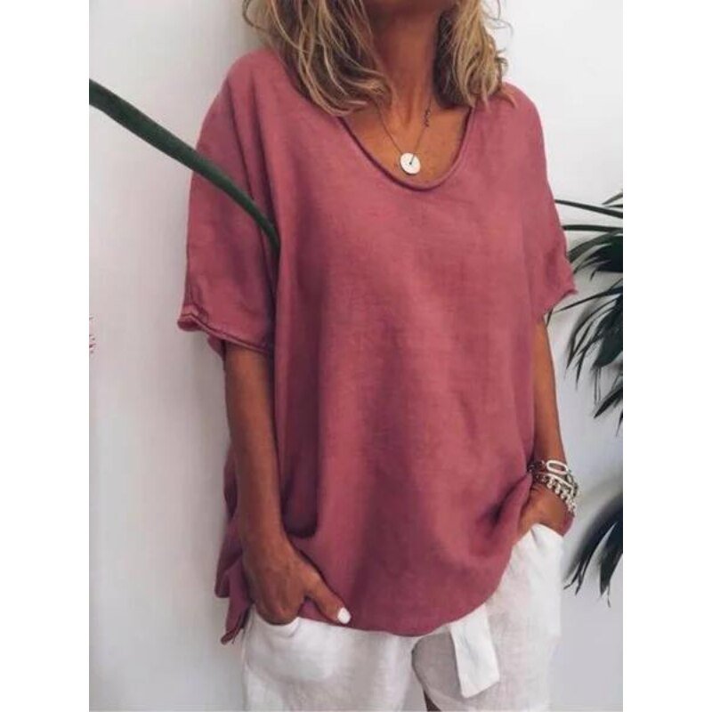 Oversized lniany T-Shirt dla kobiet – Elin-Róża-S-Trend Polska