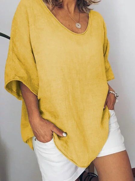 Oversized lniany T-Shirt dla kobiet – Elin-Żółty-S-Trend Polska