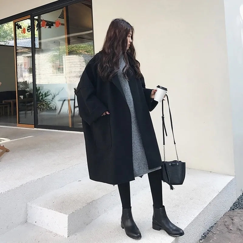 Oversized płaszcz trench Wolblend - Aura-Czarny-S-Trend Polska