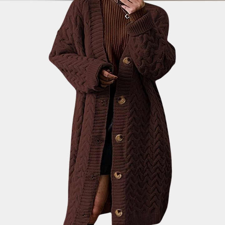 Oversize'owy długi dzianinowy kardigan damski - Noémie-Brązowy-XS-Trend Polska